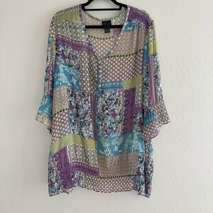 Torrid Blouse Womens 3 3X Purple Patchwork Floral Sheer Smocked Boho V-Neck Top